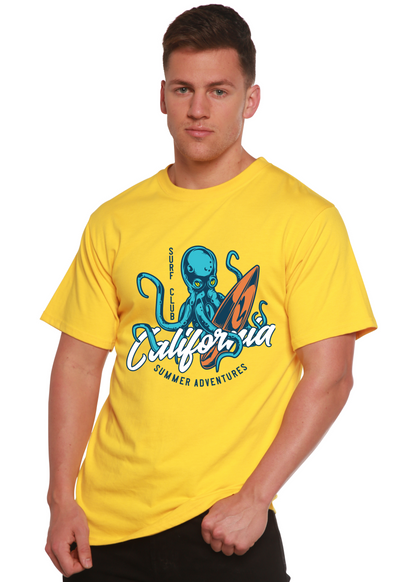 Men's yellow T-shirt by Spun Bamboo, bamboo viscose/organic cotton with California octopus print on Tampa Home & Garden Store