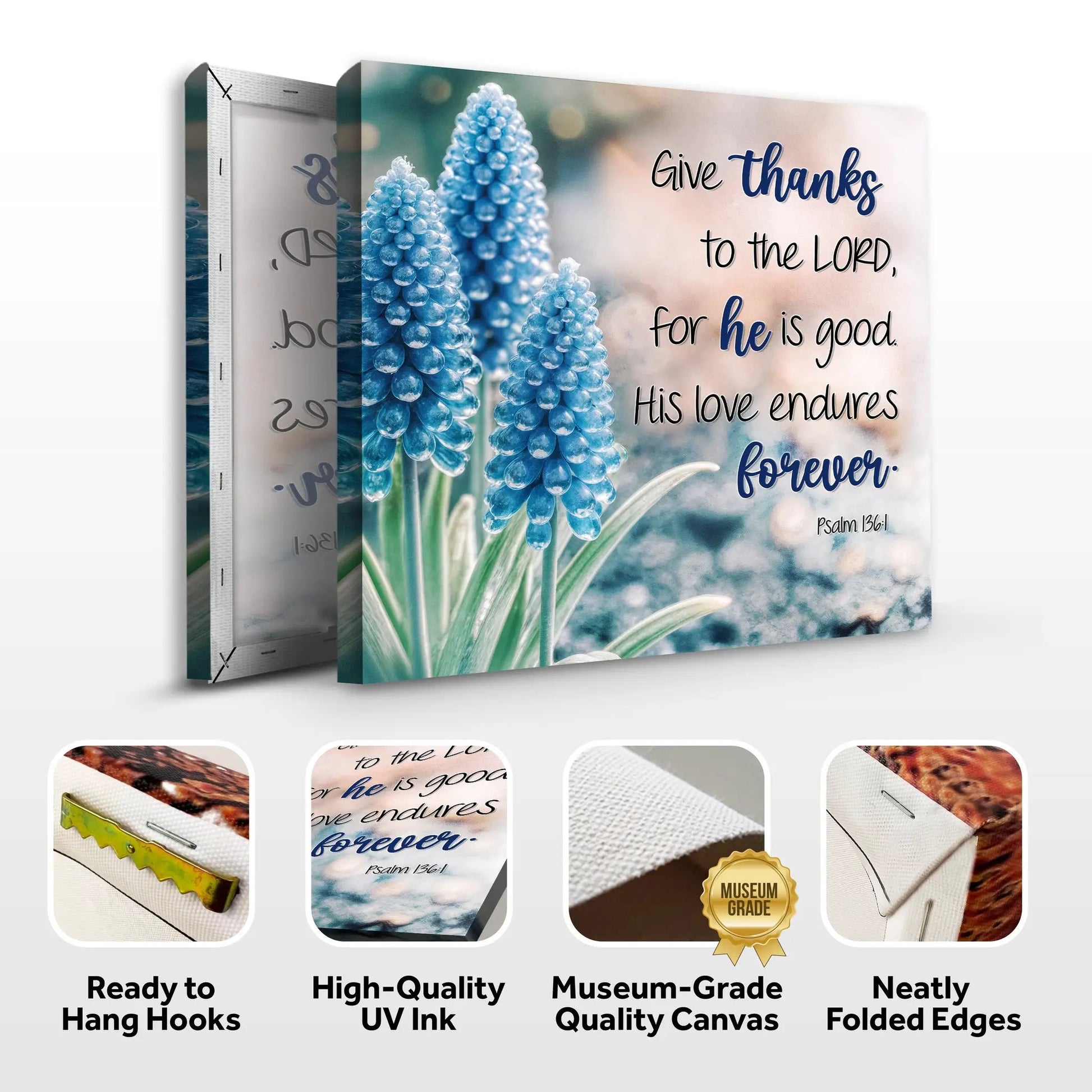 Canvas Psalm 136:1 Give Thanks To The Lord with blue floral design Tailored Canvases on Tampa Home & Garden Store