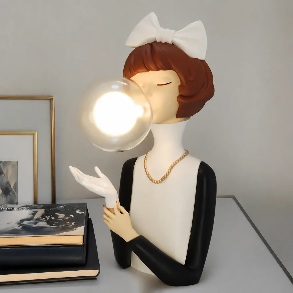 Parisian Bubble Girls Clear Glass LED Table Lamp Moktan Sabai, white bust figure on Tampa Home & Garden Store