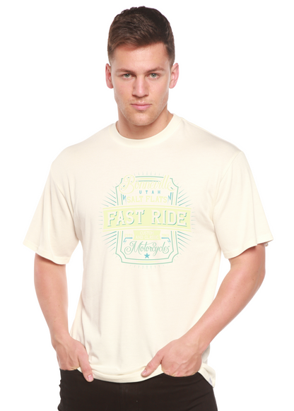Fast Ride men's bamboo graphic tee in ivory with pale teal print by Spun Bamboo on Tampa Home & Garden Store