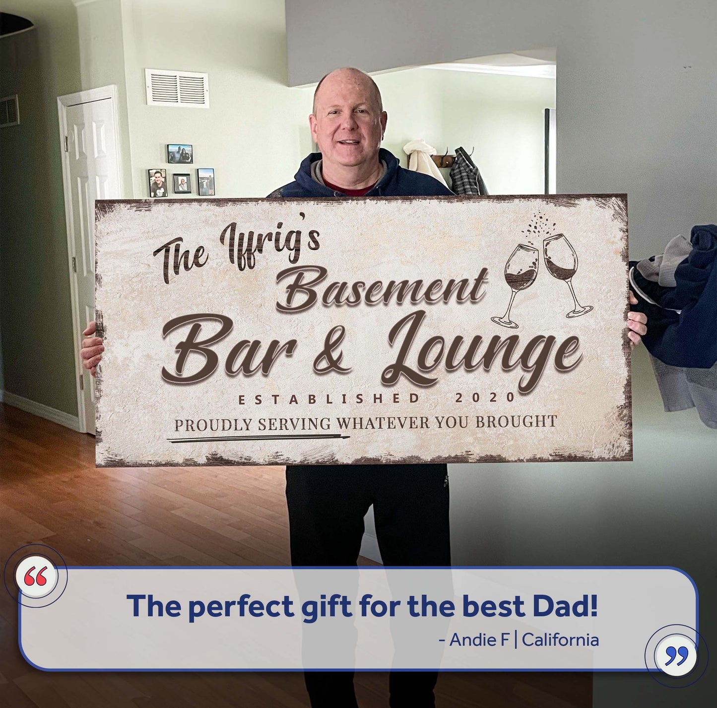 Canvas sign with script lettering and wine glass graphics for a basement bar & lounge on Tampa Home & Garden Store