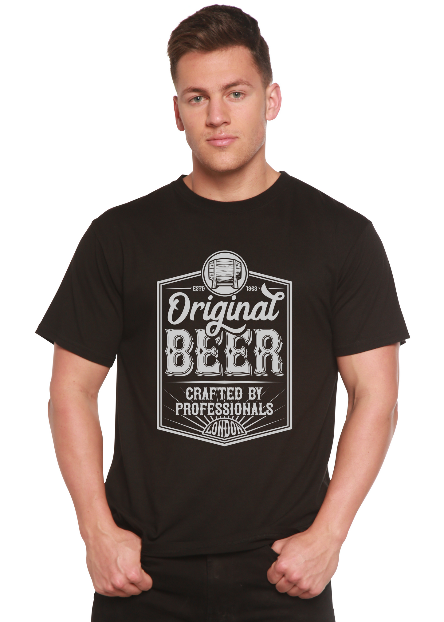 Original Beer men's black bamboo viscose organic cotton short sleeve graphic T-shirt with print on Tampa Home & Garden Store