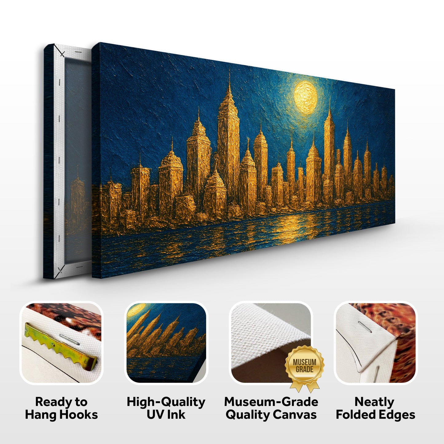 Golden Metropolis Cityscape Impasto Wall Art canvas with skyline on blue sky Tailored Canvases on Tampa Home & Garden Store