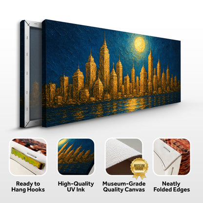 Golden Metropolis Cityscape Impasto Wall Art canvas with skyline on blue sky Tailored Canvases on Tampa Home & Garden Store