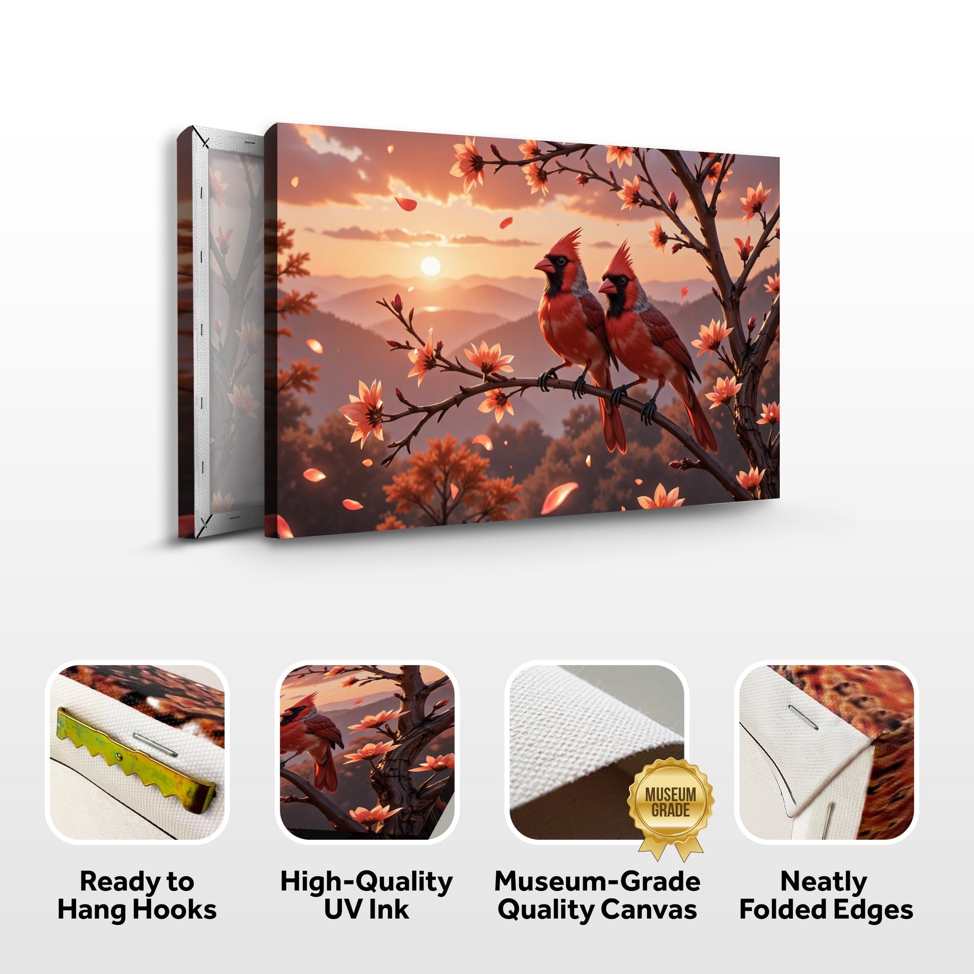 3D Cardinals Wall Art III canvas by Tailored Canvases; two orange cardinals on branches at sunset on Tampa Home & Garden Store
