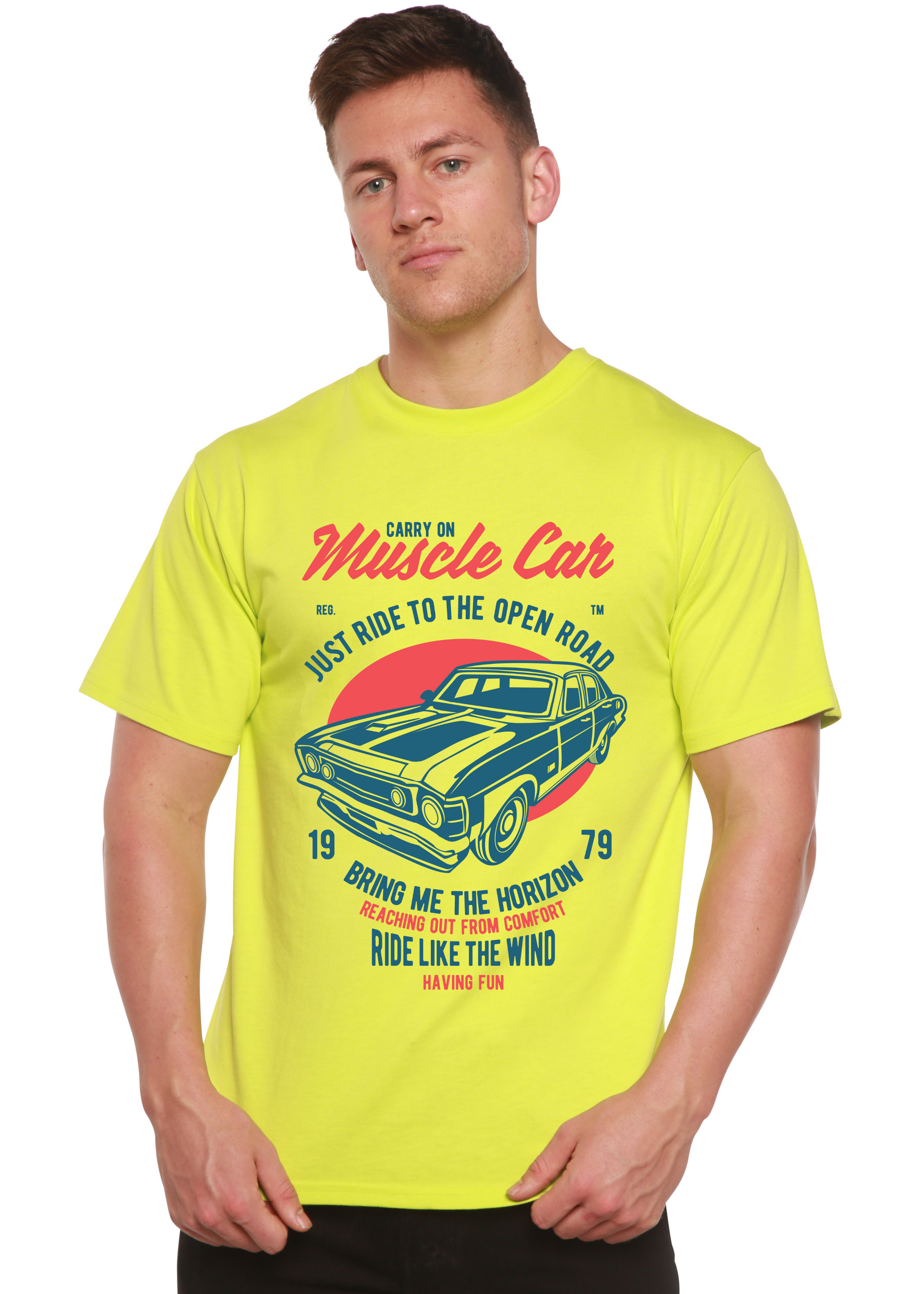 Muscle Car Spun Bamboo men's short sleeve graphic tee in neon lime with vintage car print on Tampa Home & Garden Store