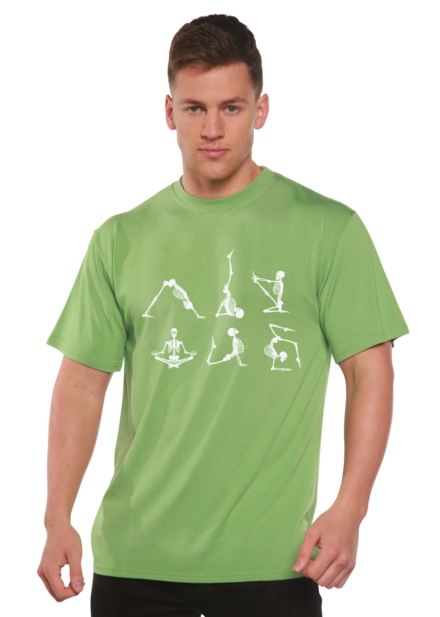 Men's green graphic tee with bamboo viscose/organic cotton and white skeleton yoga poses on Tampa Home & Garden Store