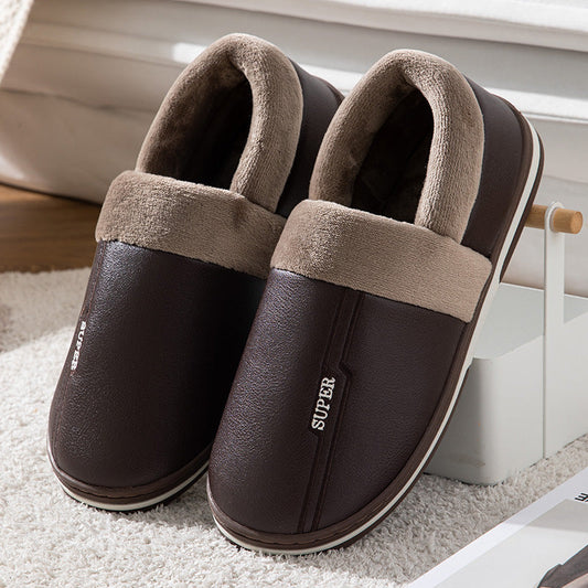 Stevvex brown faux leather indoor slippers pair with warm plush fur lining on Tampa Home & Garden Store