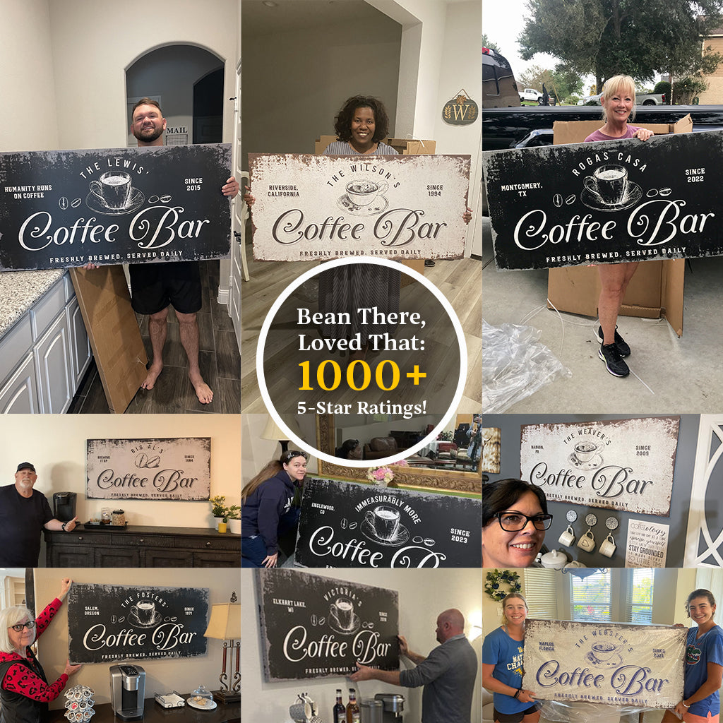 Coffee Bar canvas sign collage by Tailored Canvases, 12 varied finishes shown by multiple people on Tampa Home & Garden Store