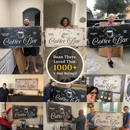 Coffee Bar canvas sign collage by Tailored Canvases, 12 varied finishes shown by multiple people on Tampa Home & Garden Store