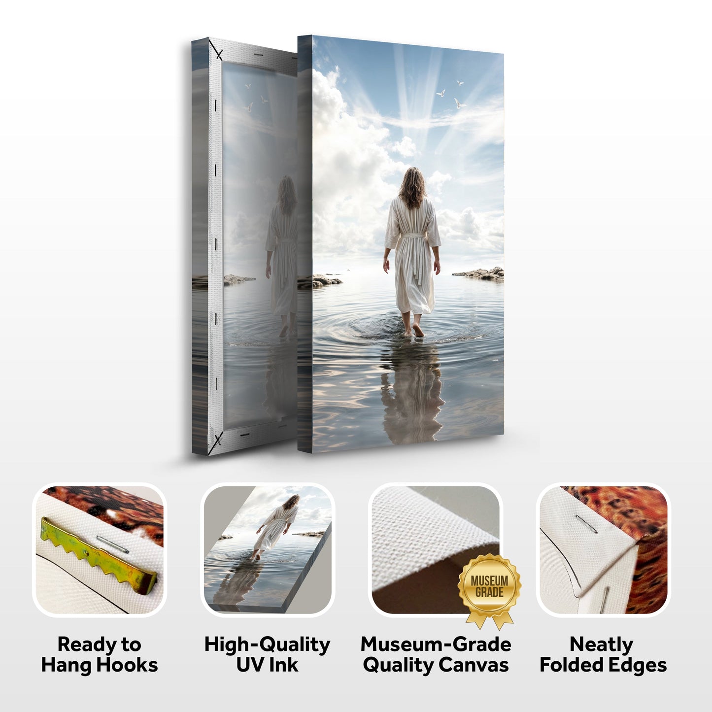 Reflections Faith Wall Art XVI Canvas by Tailored Canvases woman in robe by water under blue sky on Tampa Home & Garden Store