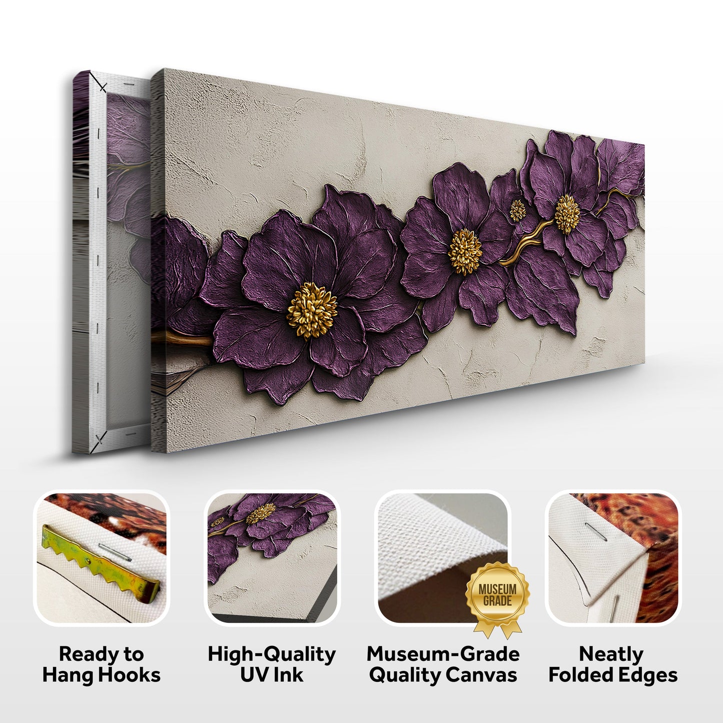 Purple Flower Plaster Wall Art canvas by Tailored Canvases with textured beige plaster background on Tampa Home & Garden Store