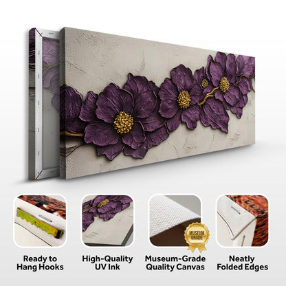 Purple Flower Plaster Wall Art canvas by Tailored Canvases with textured beige plaster background on Tampa Home & Garden Store