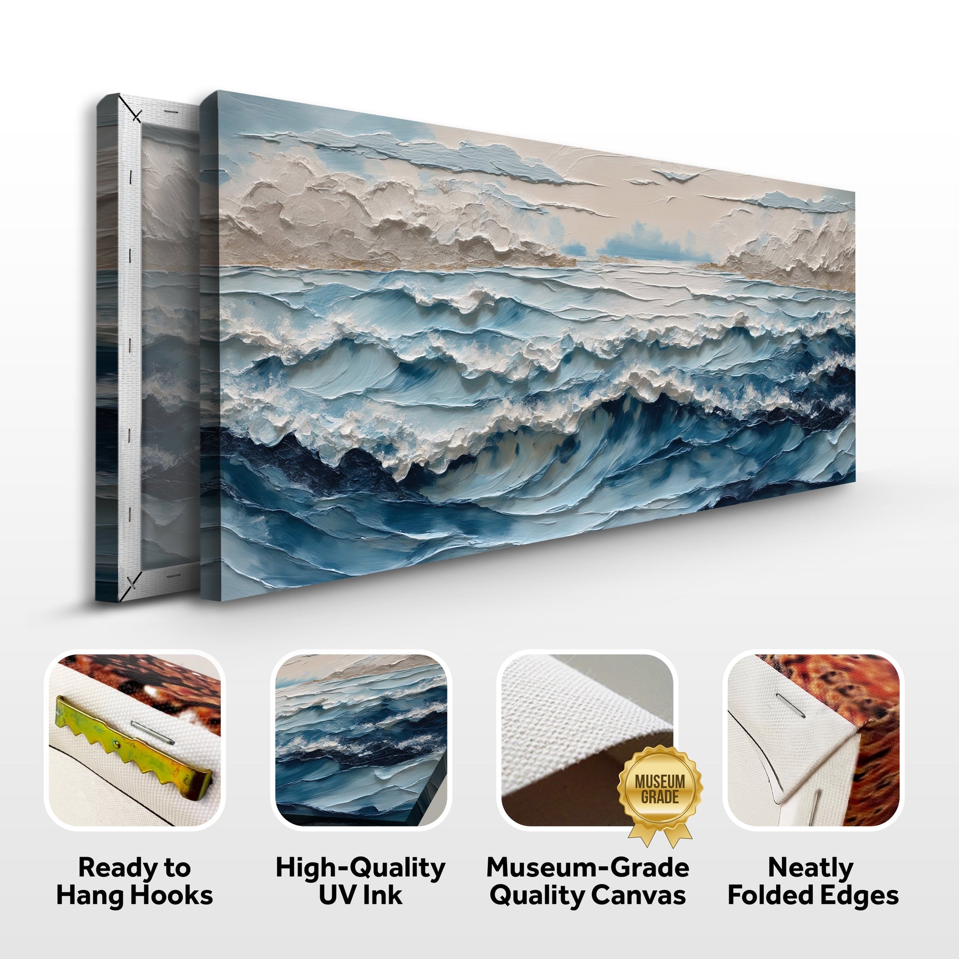 Ocean Embrace Wall Art canvas triptych in blue beige tones by Tailored Canvases on Tampa Home & Garden Store