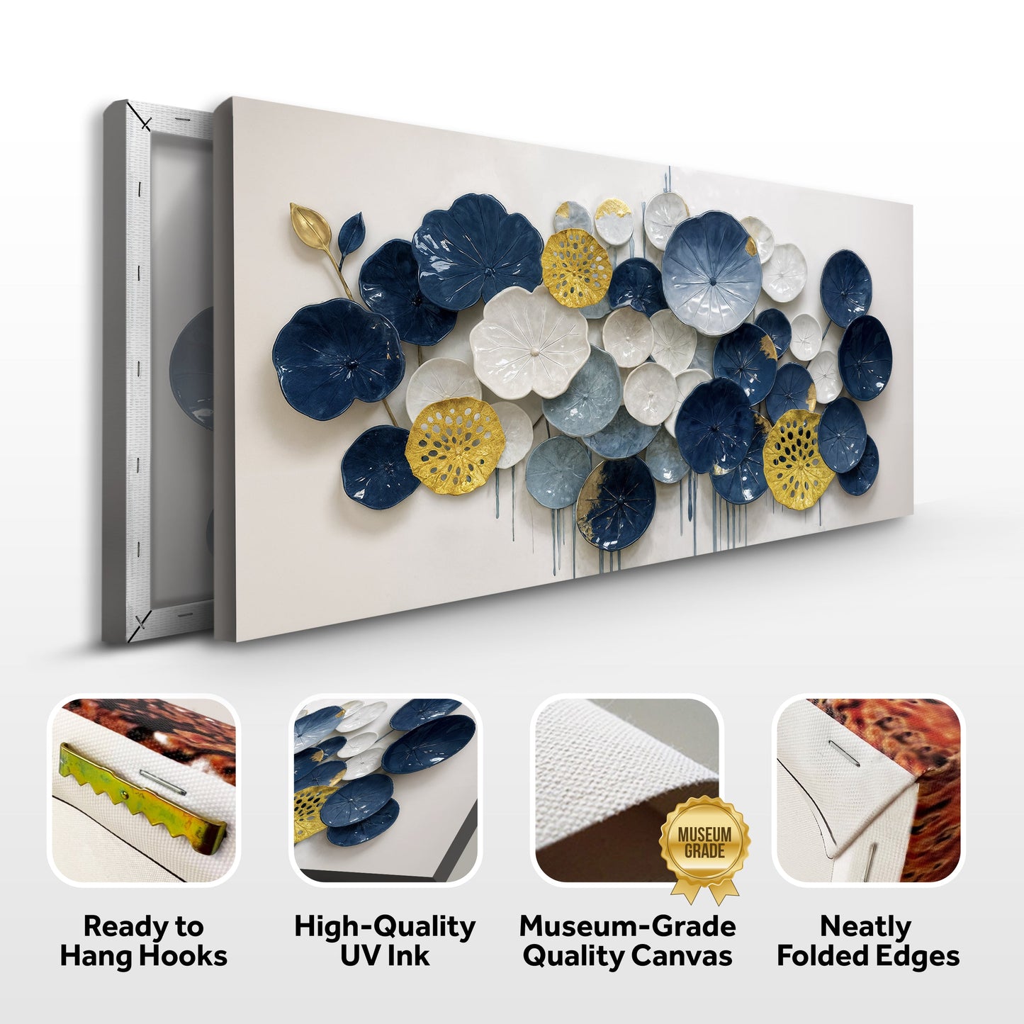 Lotus Leaf Abstract Wall Art VII canvas by Tailored Canvases; blue, white and gold lotus leaves on Tampa Home & Garden Store