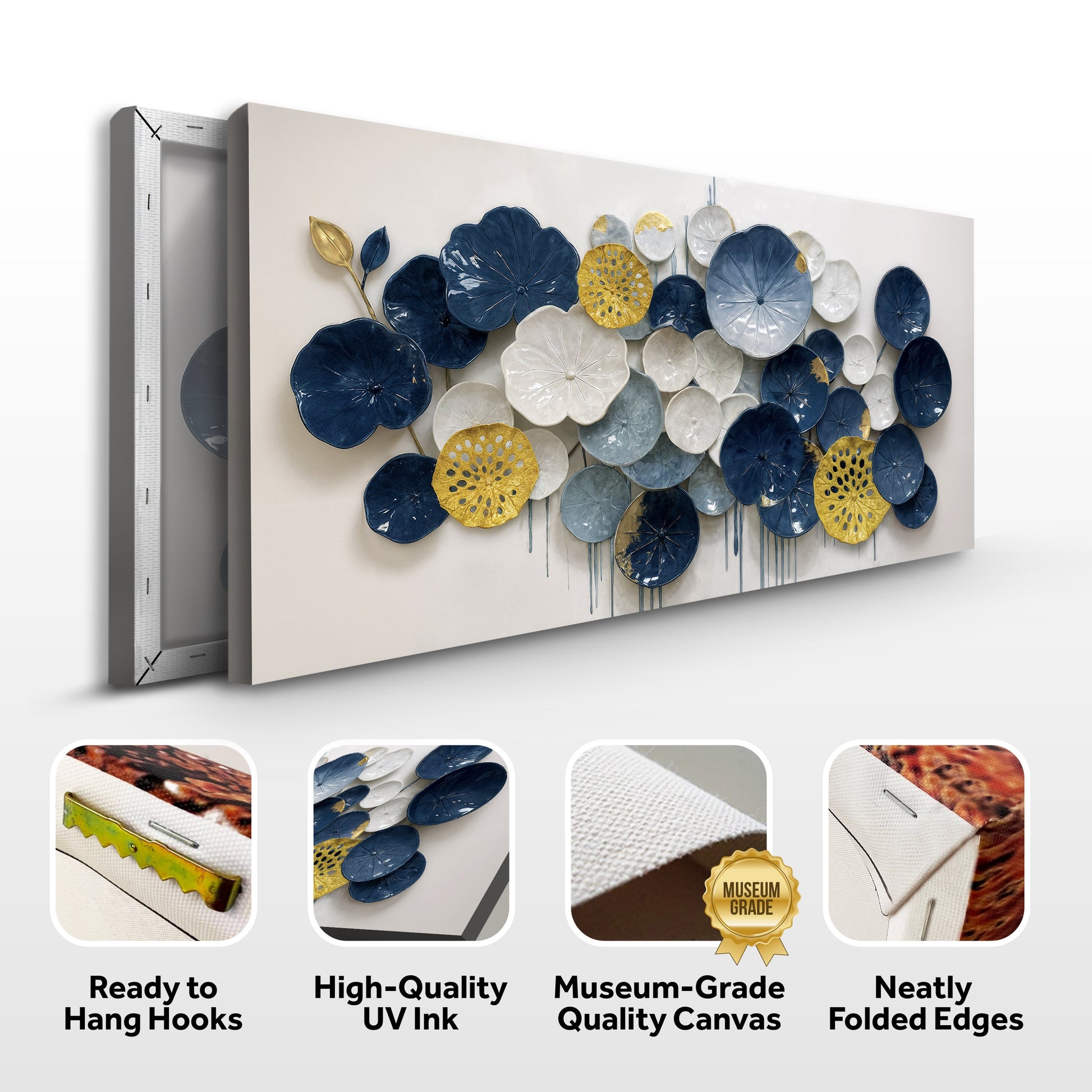 Lotus Leaf Abstract Wall Art VII canvas by Tailored Canvases; blue, white and gold lotus leaves on Tampa Home & Garden Store
