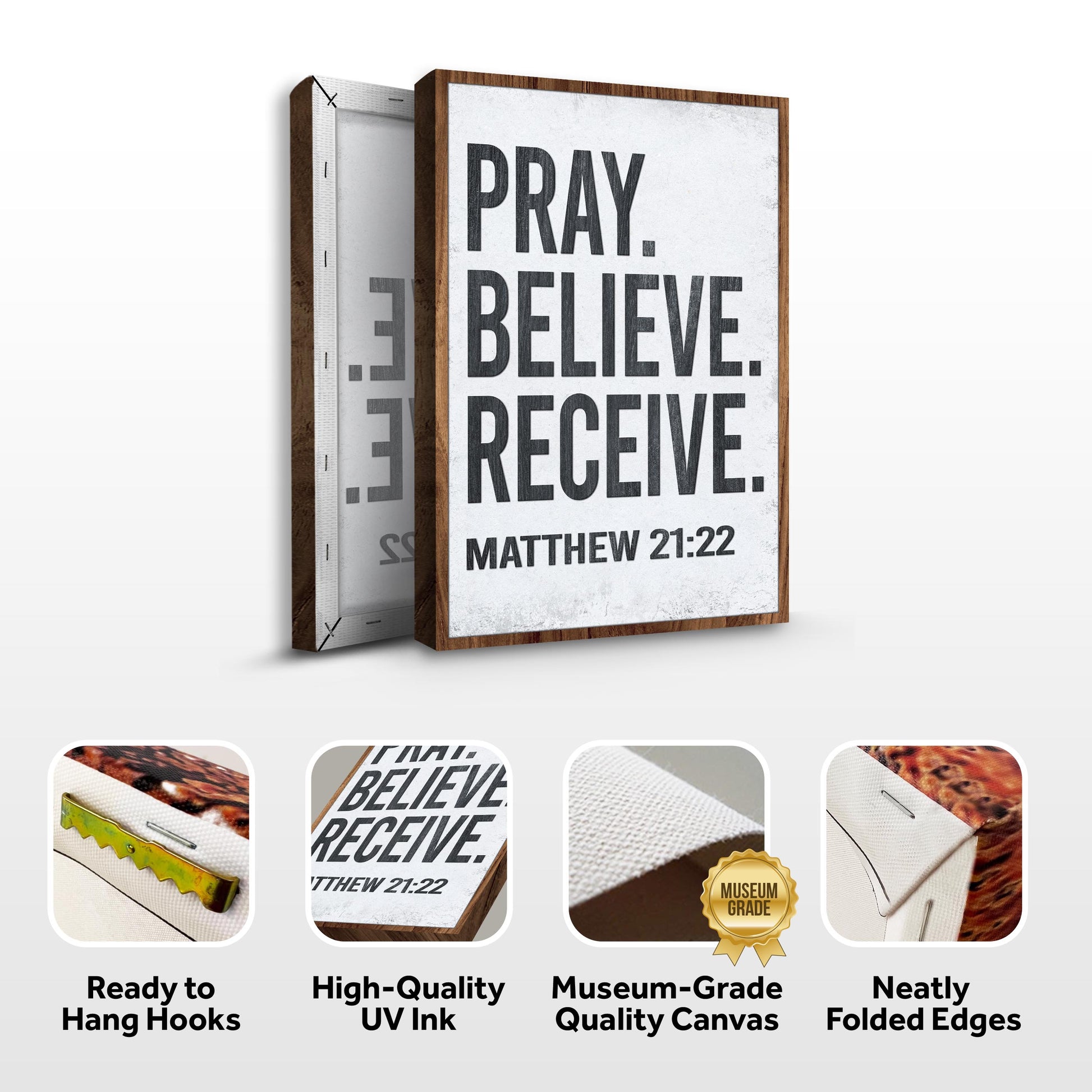 Tailored Canvases wood-framed canvas with distressed white panel PRAY. BELIEVE. RECEIVE on Tampa Home & Garden Store