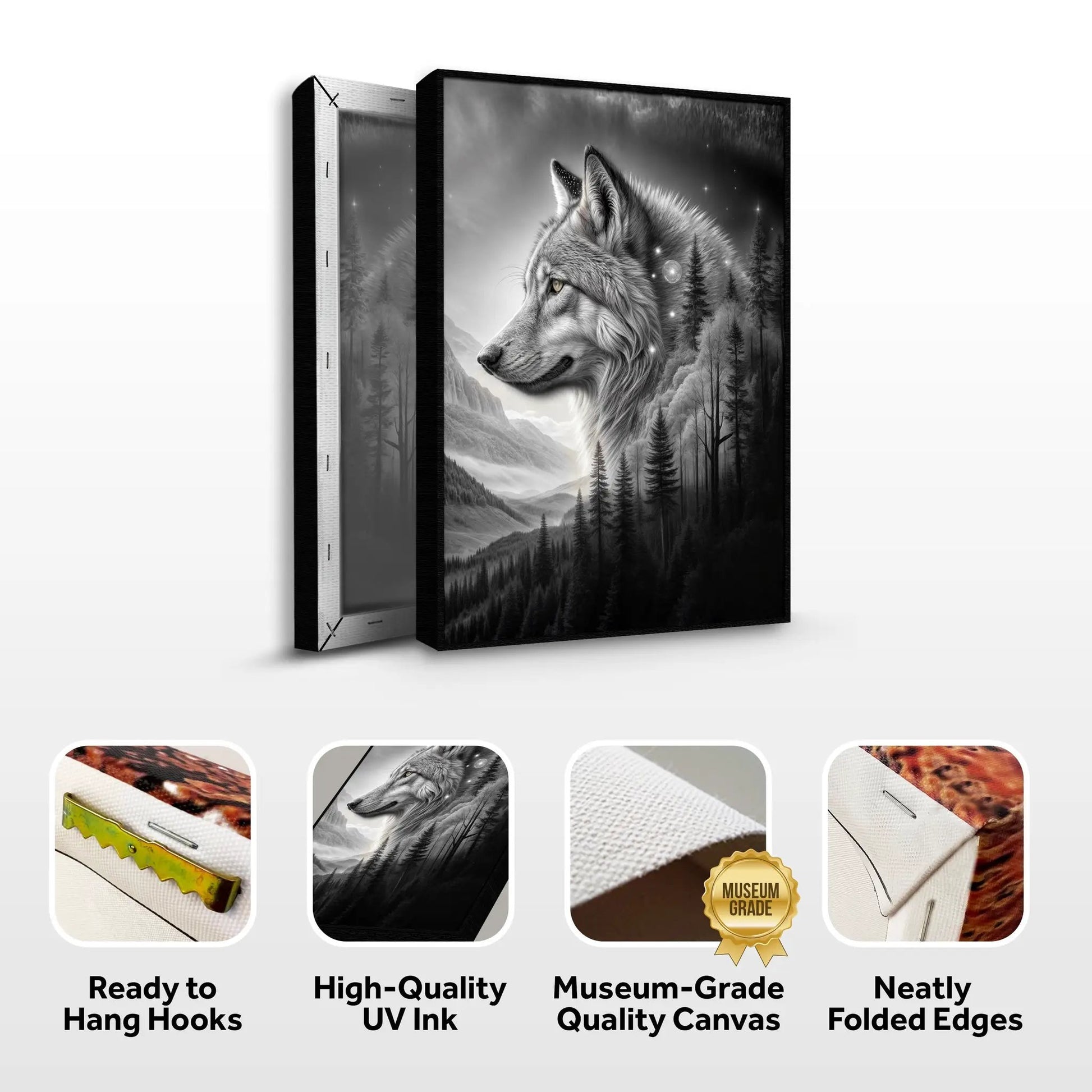 Wolf Double Exposure Wall Art II canvas by Tailored Canvases; monochrome wolf against snowy forest landscape on Tampa Home & Garden Store