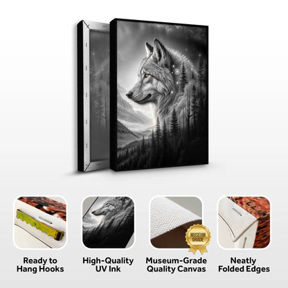 Wolf Double Exposure Wall Art II canvas by Tailored Canvases; monochrome wolf against snowy forest landscape on Tampa Home & Garden Store