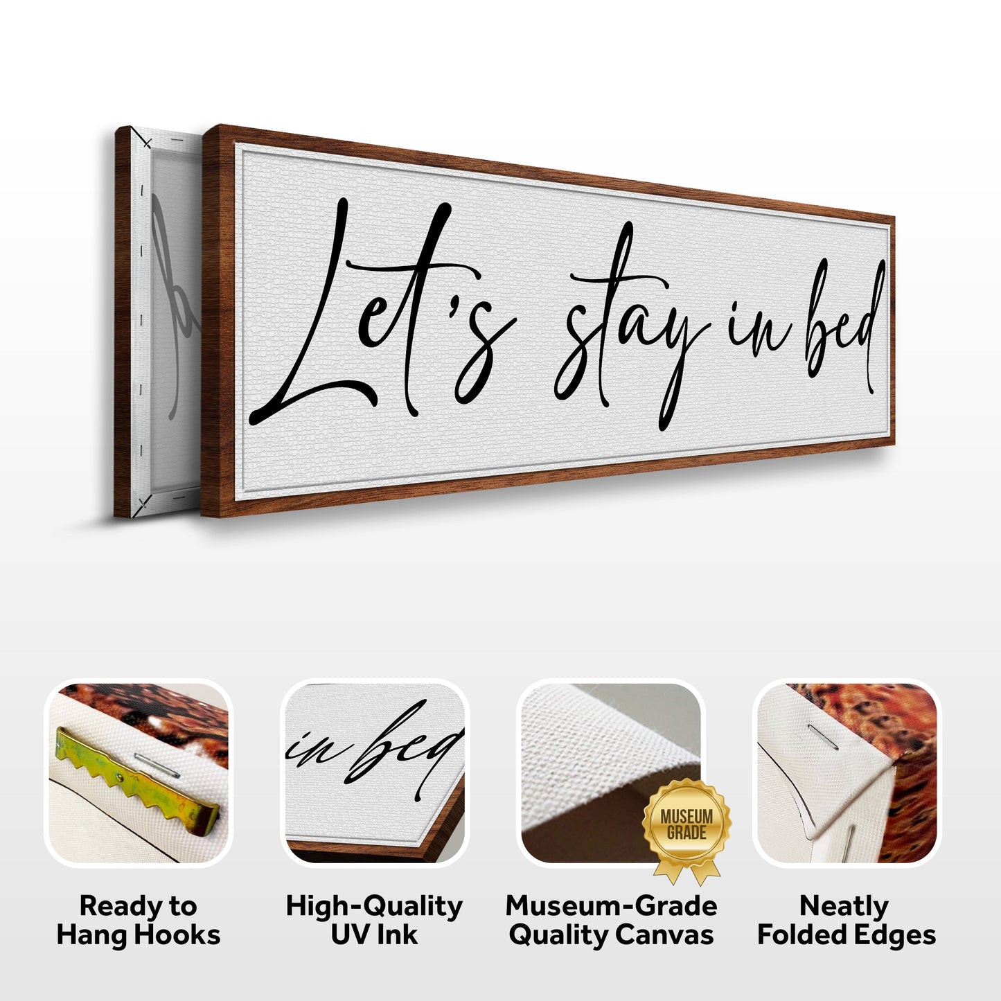 Let's Stay in Bed II canvas sign by Tailored Canvases with white canvas and black script on Tampa Home & Garden Store