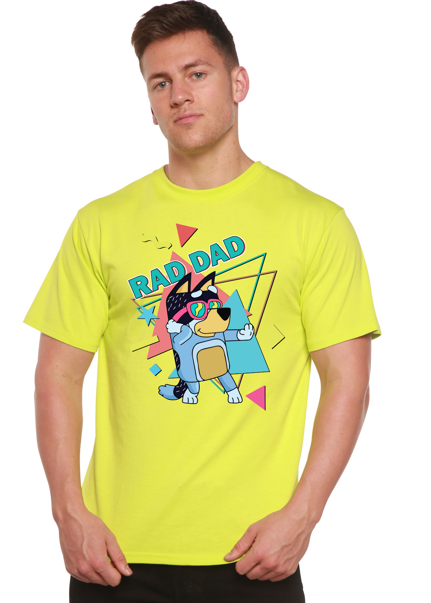 Rad Dad Bluey men's short sleeve graphic T-shirt neon yellow with cartoon print on shapes on Tampa Home & Garden Store