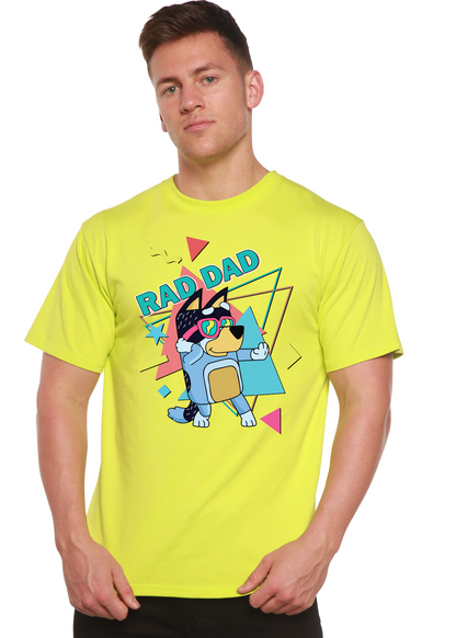 Rad Dad Bluey men's short sleeve graphic T-shirt neon yellow with cartoon print on shapes on Tampa Home & Garden Store