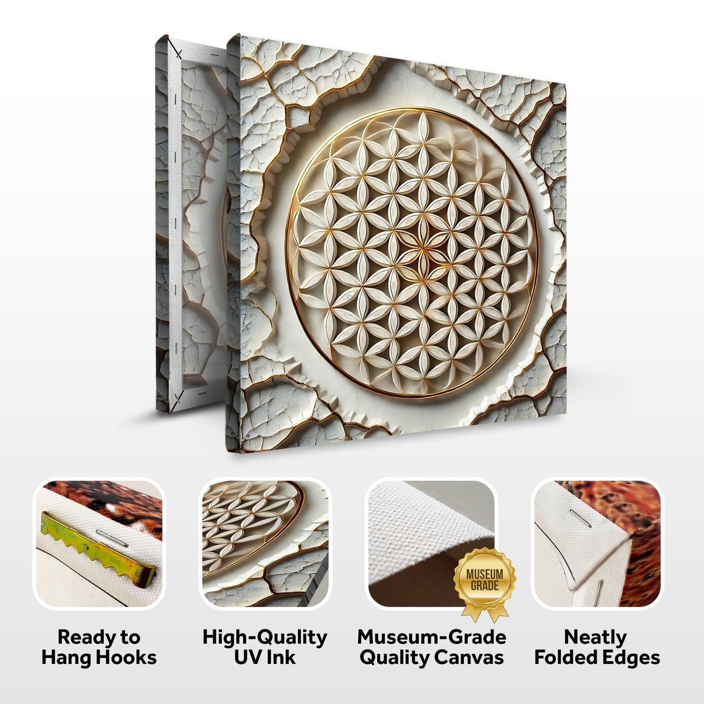Flower Of Life Wall Art VI canvas by Tailored Canvases with gold petals on cracked background on Tampa Home & Garden Store