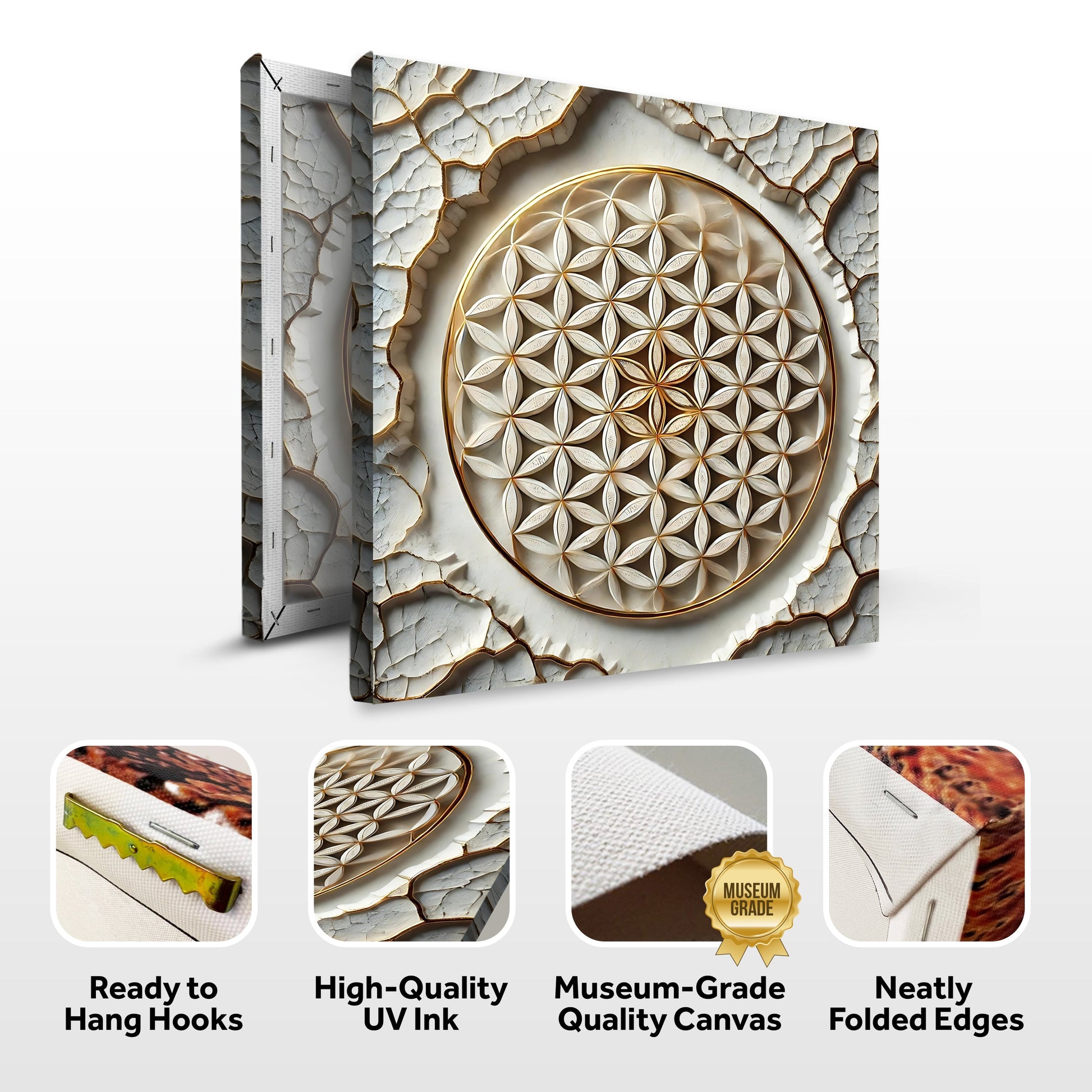 Flower Of Life Wall Art VI canvas by Tailored Canvases with gold petals on cracked background on Tampa Home & Garden Store
