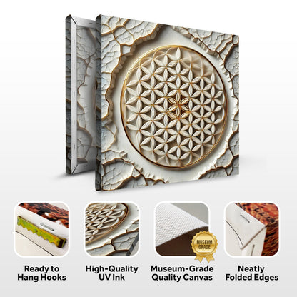 Flower Of Life Wall Art VI canvas by Tailored Canvases with gold petals on cracked background on Tampa Home & Garden Store