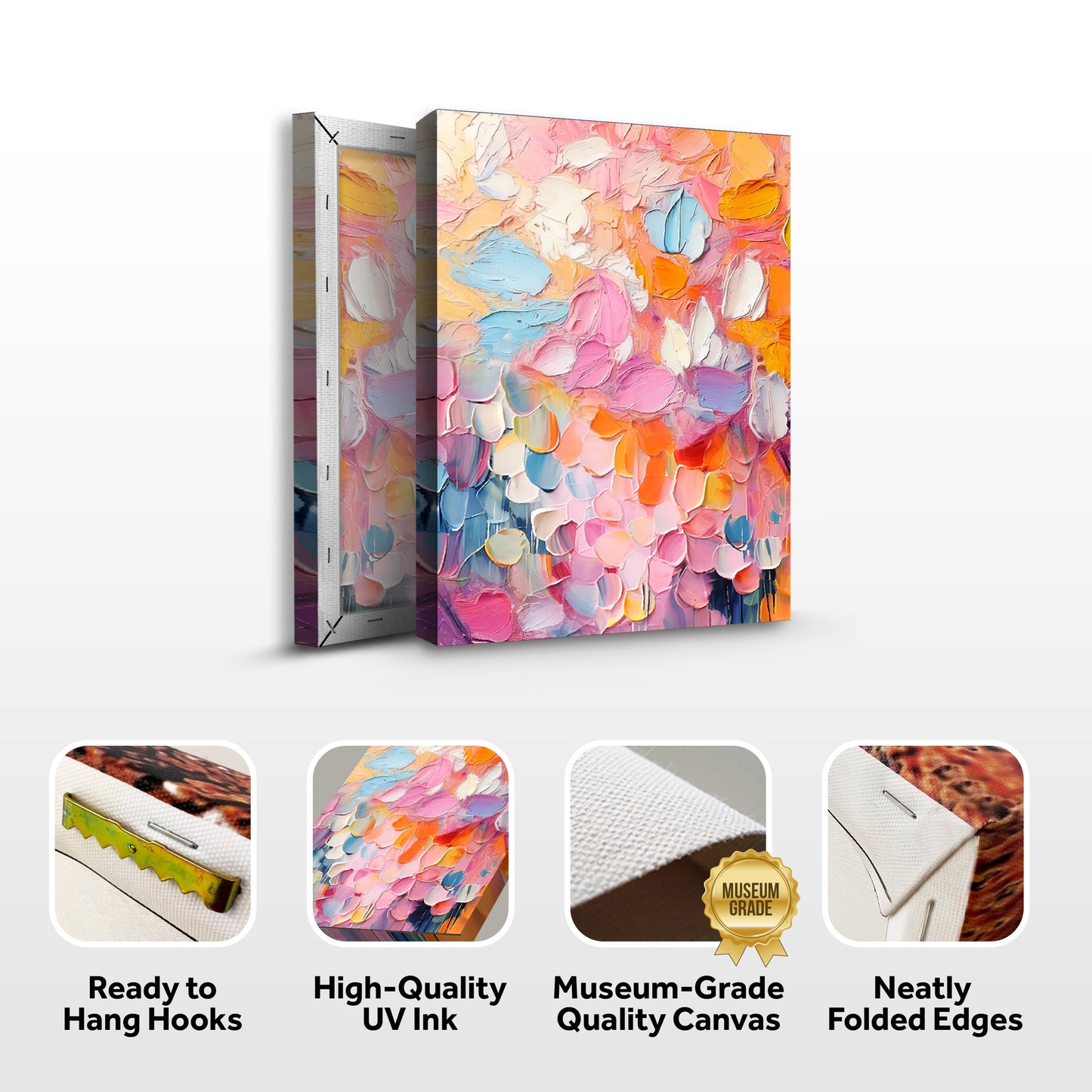 Blooming Rhapsody abstract canvas by Tailored Canvases; pinks, peach and blue impasto colors on Tampa Home & Garden Store