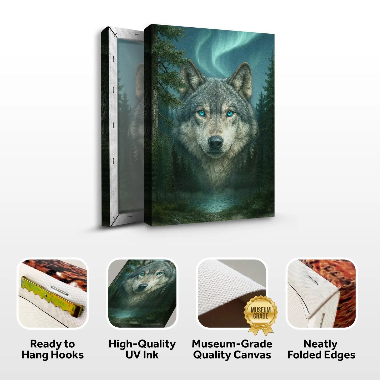Wolf Northern Symphony Wall Art canvas by Tailored Canvases three-panel wolf with blue eyes on Tampa Home & Garden Store