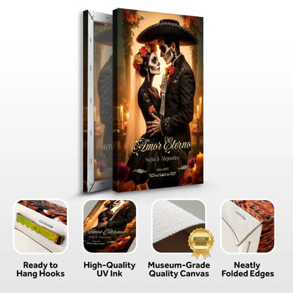 Canvas Personalized Eternal Love Halloween Sign with sugar skull bride and groom in formal wear on Tampa Home & Garden Store