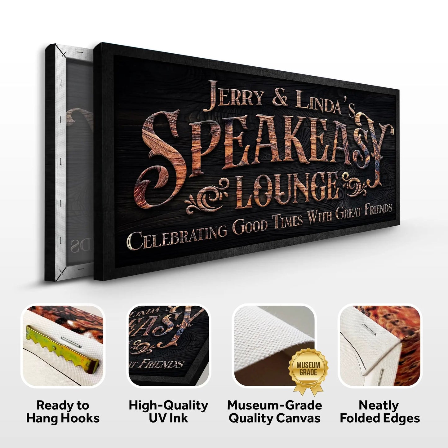 Speakeasy Lounge Wall Sign canvas by Tailored Canvases with black surface and copper lettering on Tampa Home & Garden Store