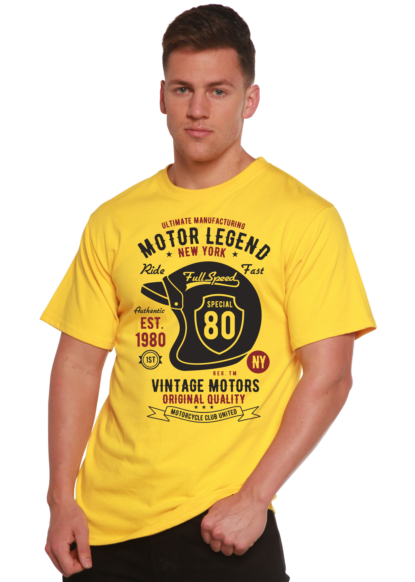 Motor Legend Helmet graphic men's t-shirt by Spun Bamboo in yellow with bold black print on Tampa Home & Garden Store