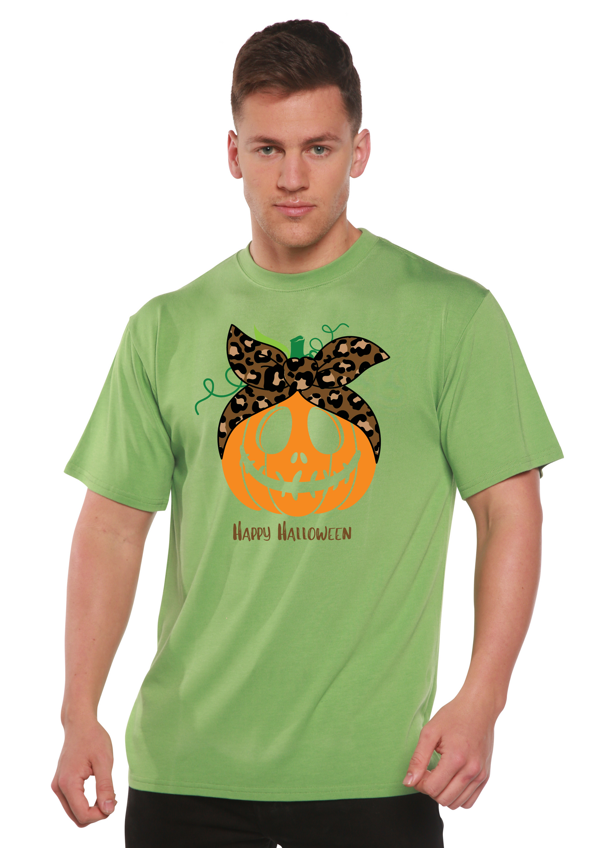 Happy Halloween men's bamboo viscose/organic cotton lime green short sleeve pumpkin bow Spun Bamboo on Tampa Home & Garden Store