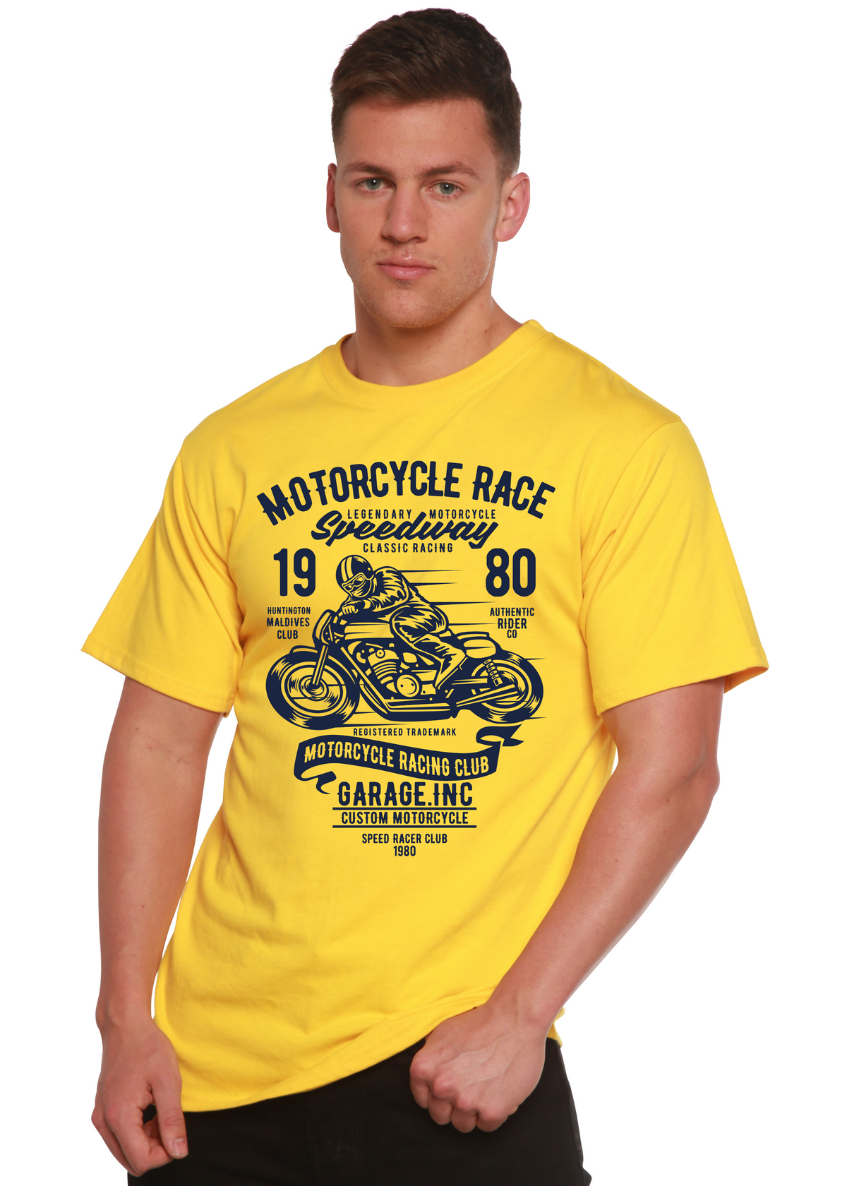 Mens graphic tee, bamboo viscose/organic cotton, yellow motorcycle race print, by Spun Bamboo on Tampa Home & Garden Store