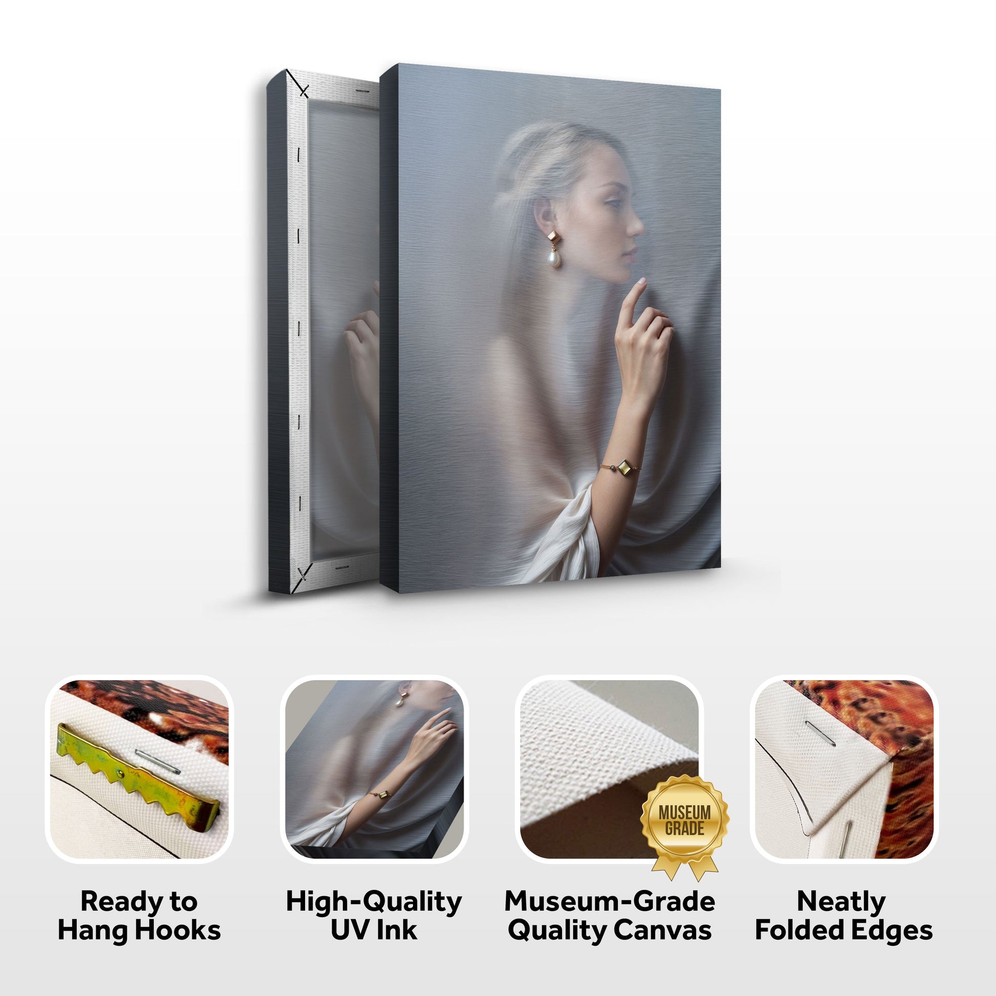 Behind Curtain Wall Art canvas triptych by Tailored Canvases; portrait behind sheer curtain on Tampa Home & Garden Store