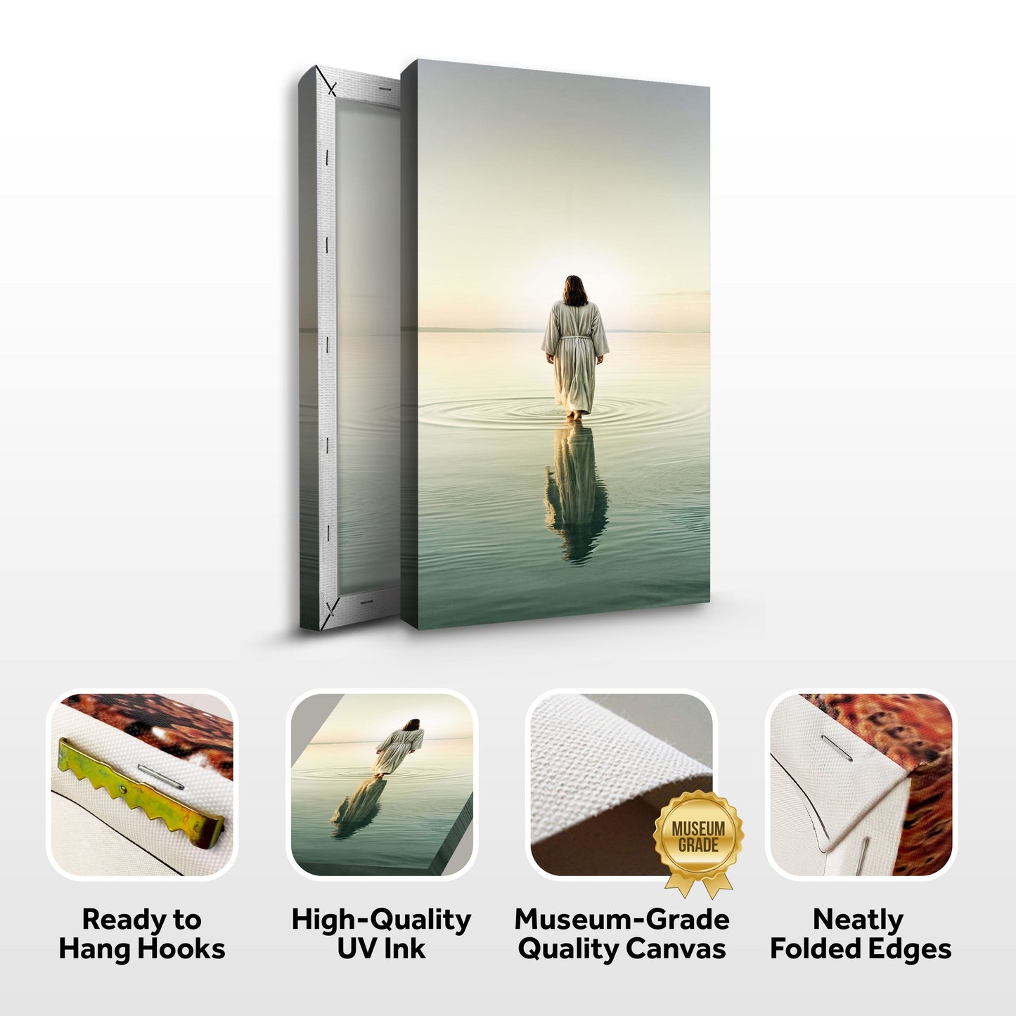 Reflections Faith Wall Art V canvas by Tailored Canvases, robe-clad figure in calm water on Tampa Home & Garden Store