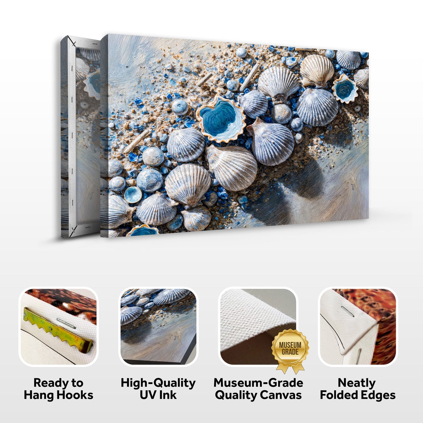 Sea Shells Modern Coastal Wall Art II canvas multi-panel with blue and beige shells on sand on Tampa Home & Garden Store