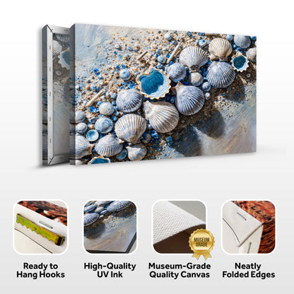 Sea Shells Modern Coastal Wall Art II canvas multi-panel with blue and beige shells on sand on Tampa Home & Garden Store