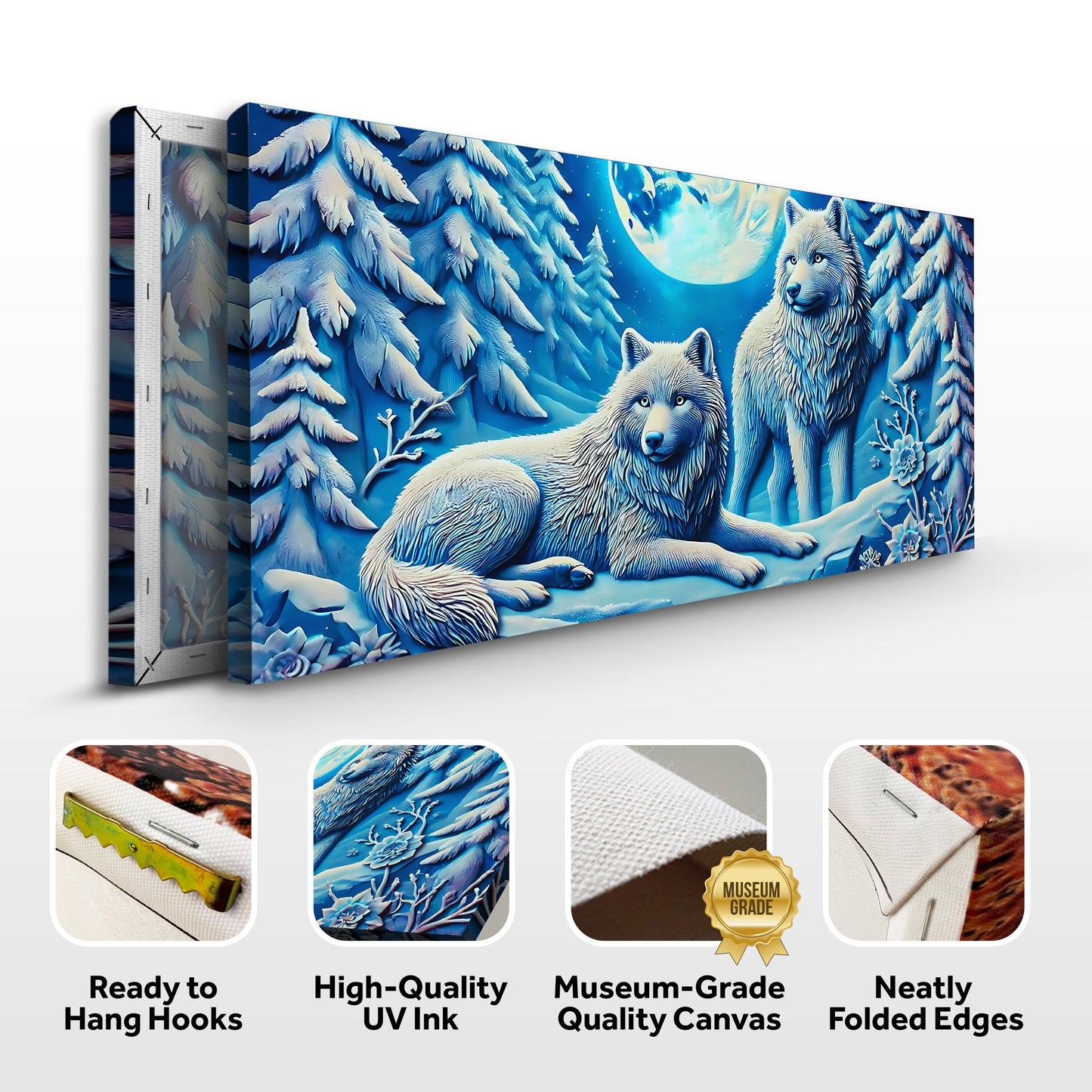 3D Wolves Wall Art V canvas by Tailored Canvases in blue winter forest scene on Tampa Home & Garden Store