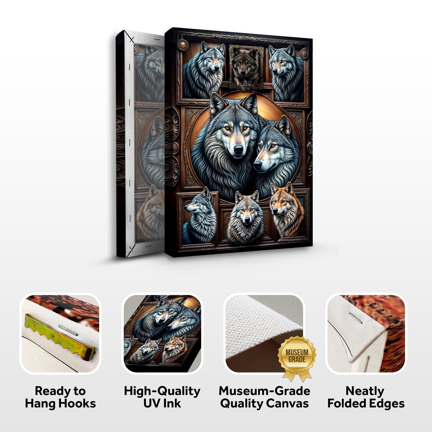 3D Wolf Collage Wall Art III canvas by Tailored Canvases with blue-gray wolves in a wood frame on Tampa Home & Garden Store