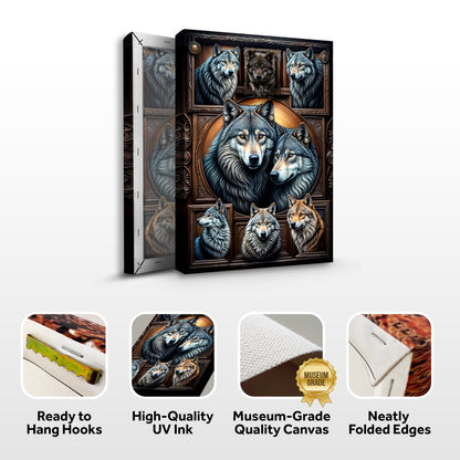 3D Wolf Collage Wall Art III canvas by Tailored Canvases with blue-gray wolves in a wood frame on Tampa Home & Garden Store