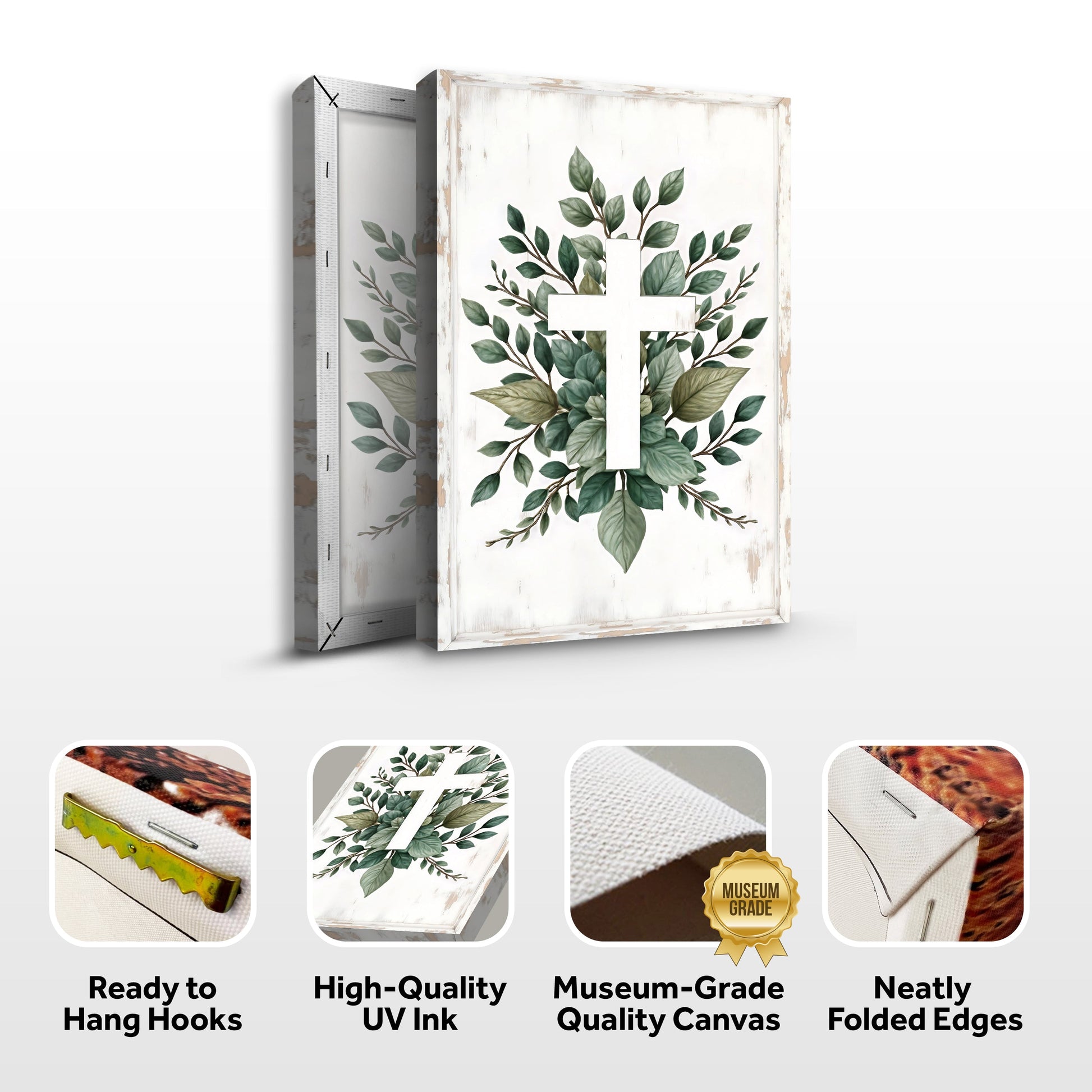 Canvas Minimalist Cross Faith II with white cross and green leaves Tailored Canvases on Tampa Home & Garden Store