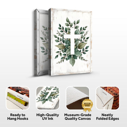 Canvas Minimalist Cross Faith II with white cross and green leaves Tailored Canvases on Tampa Home & Garden Store