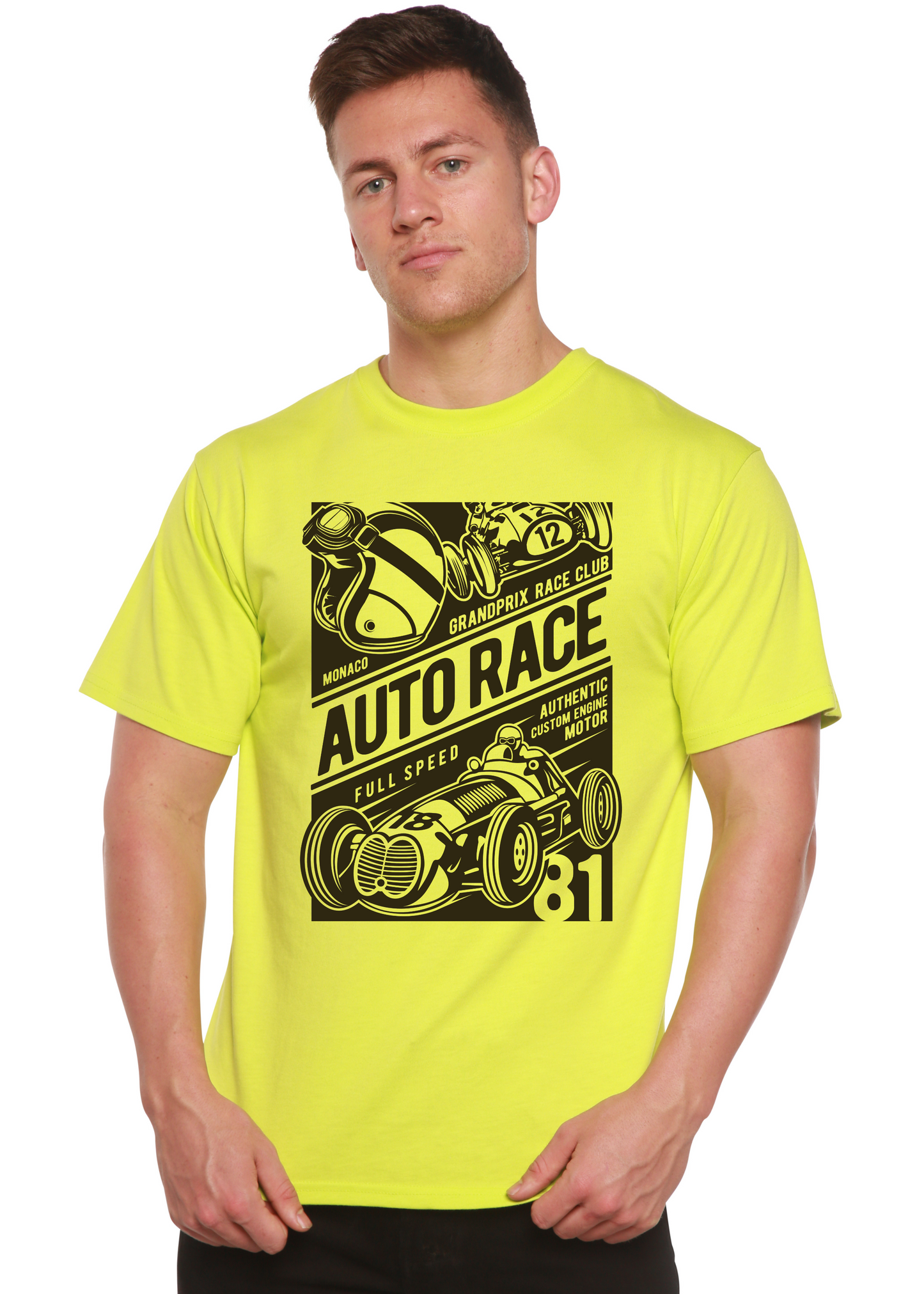 Auto Race graphic T shirt neon yellow with black print on Spun Bamboo shirt on Tampa Home & Garden Store