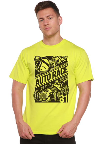 Auto Race graphic T shirt neon yellow with black print on Spun Bamboo shirt on Tampa Home & Garden Store