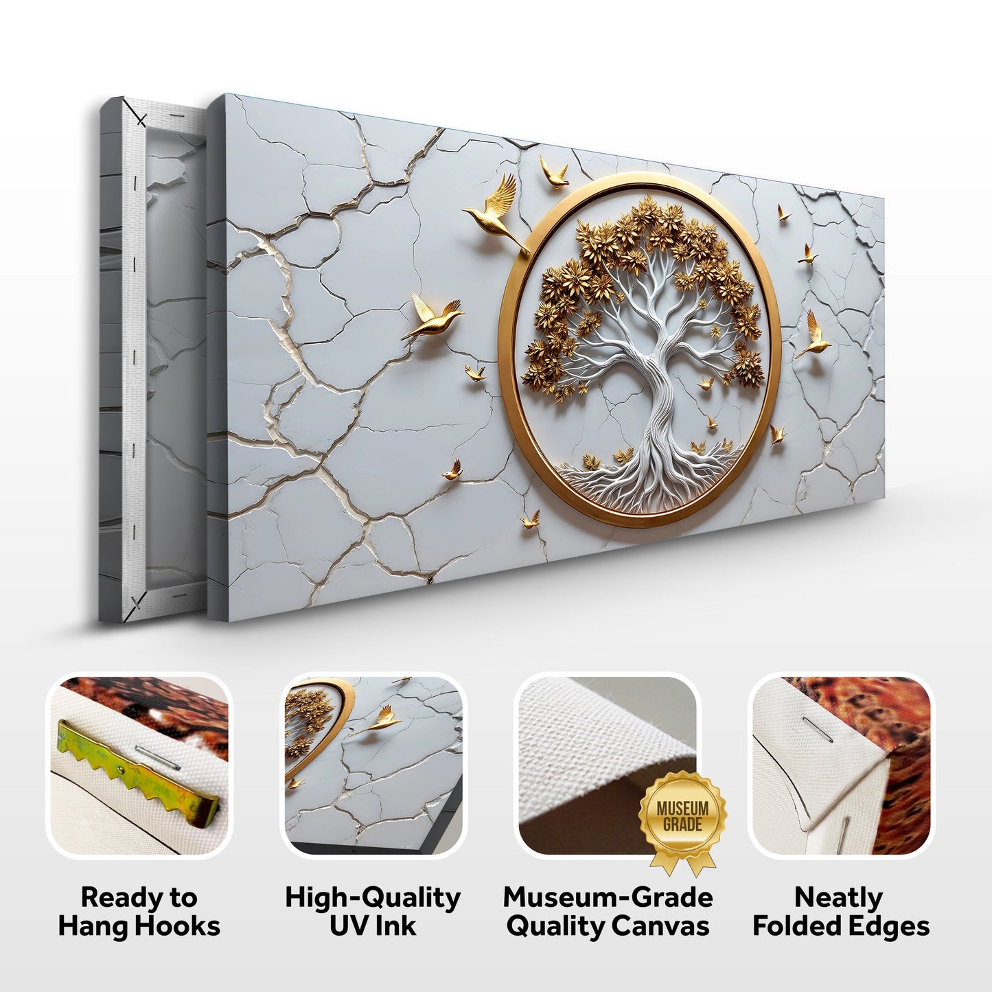 3D Celtic Tree of Life wall art canvas in white with a gold circular frame, cracked gray backdrop by Tailored Canvases on Tampa Home & Garden Store