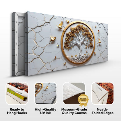 3D Celtic Tree of Life wall art canvas in white with a gold circular frame, cracked gray backdrop by Tailored Canvases on Tampa Home & Garden Store