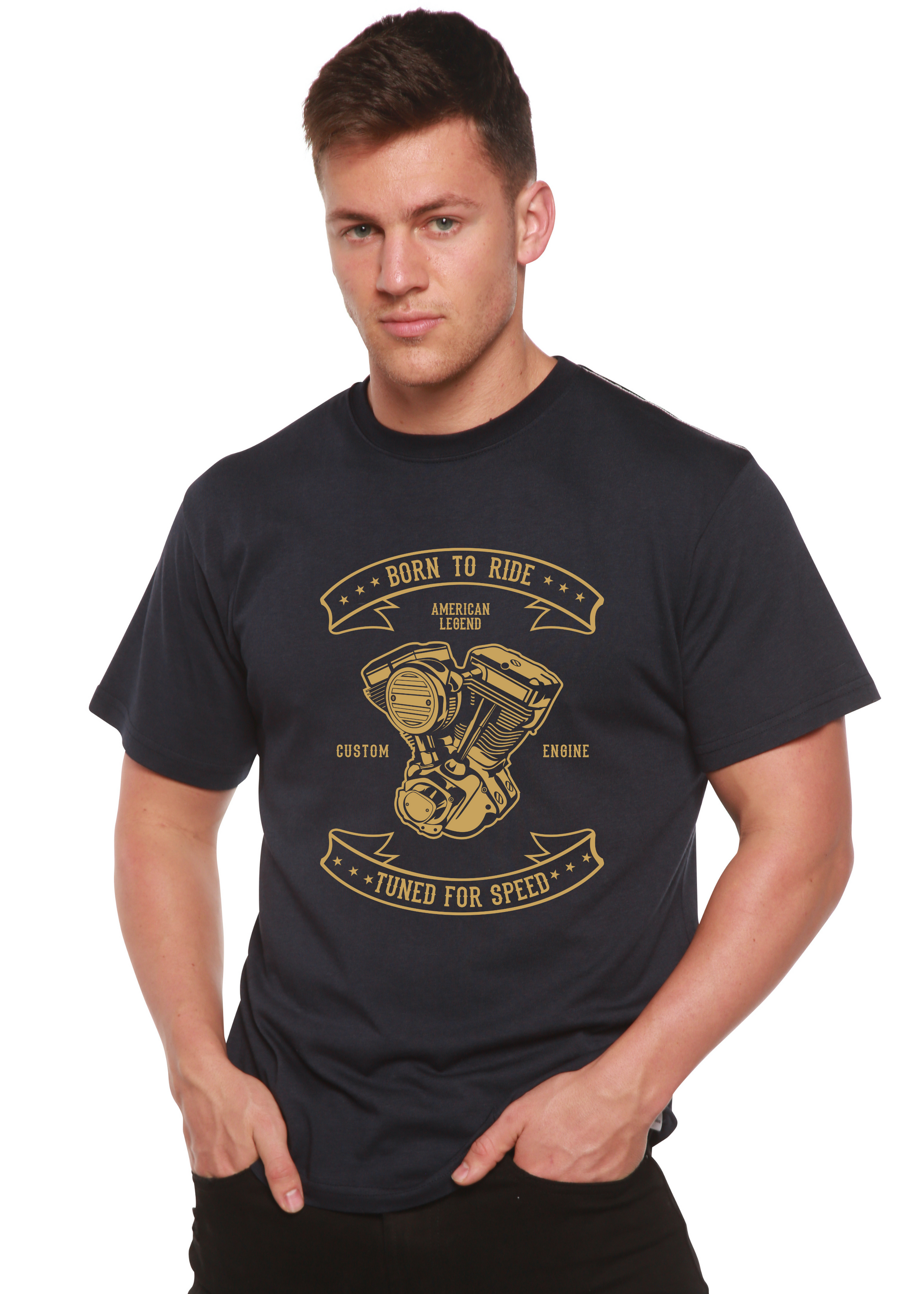Born To Ride men's bamboo viscose/organic cotton graphic T-shirt, navy with tan motorcycle engine on Tampa Home & Garden Store